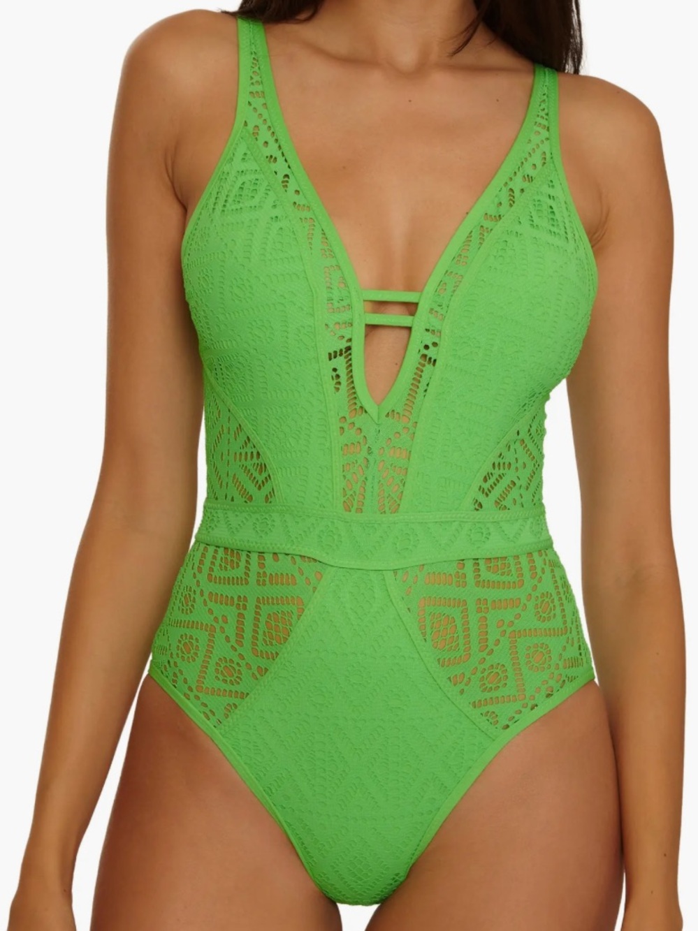 Becca Color Play Crochet Plunge One-Piece Swimsuit Green Apple XL NWT
